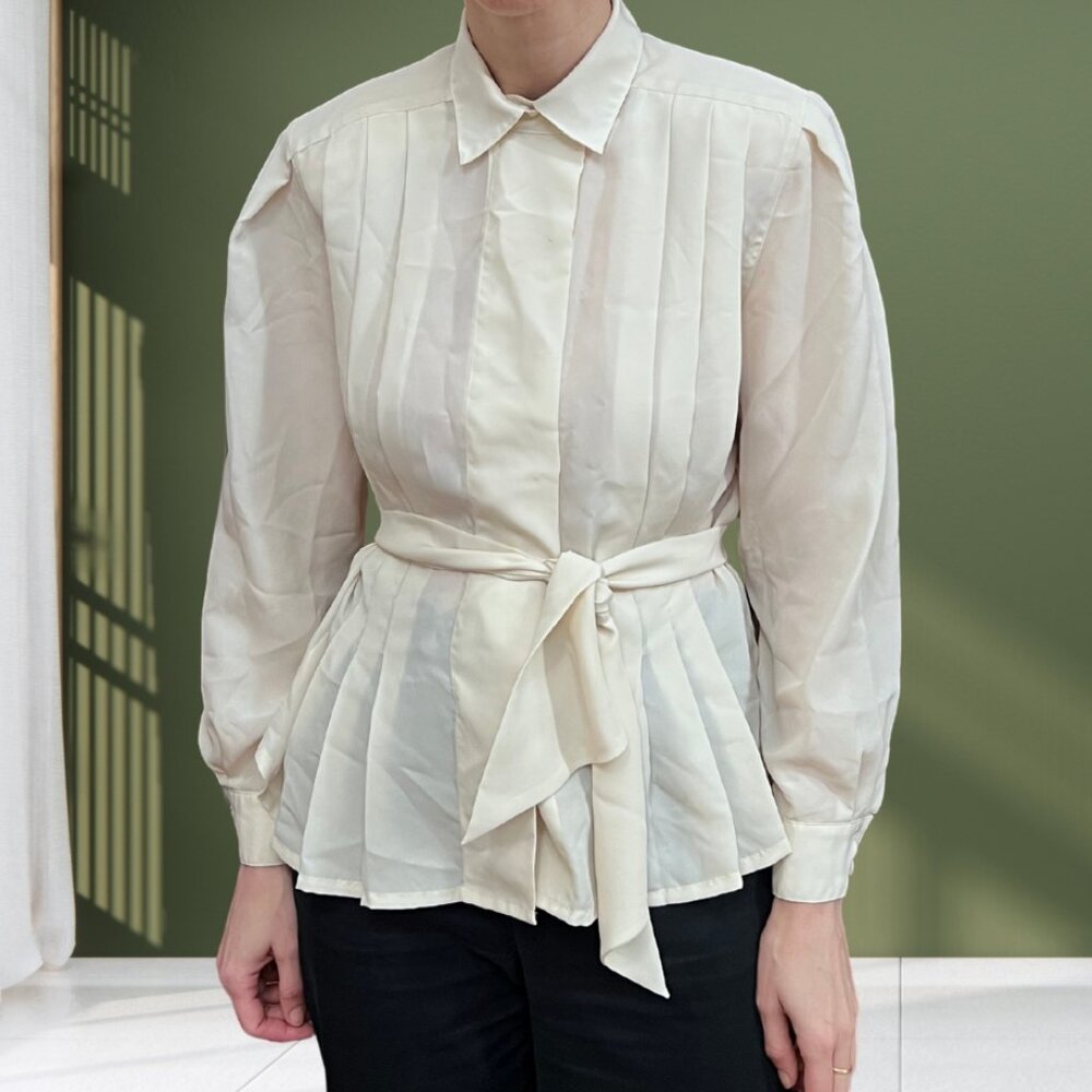Vintage Talbots Ivory Pintuck Tie-Waist Blouse | Long Sleeve